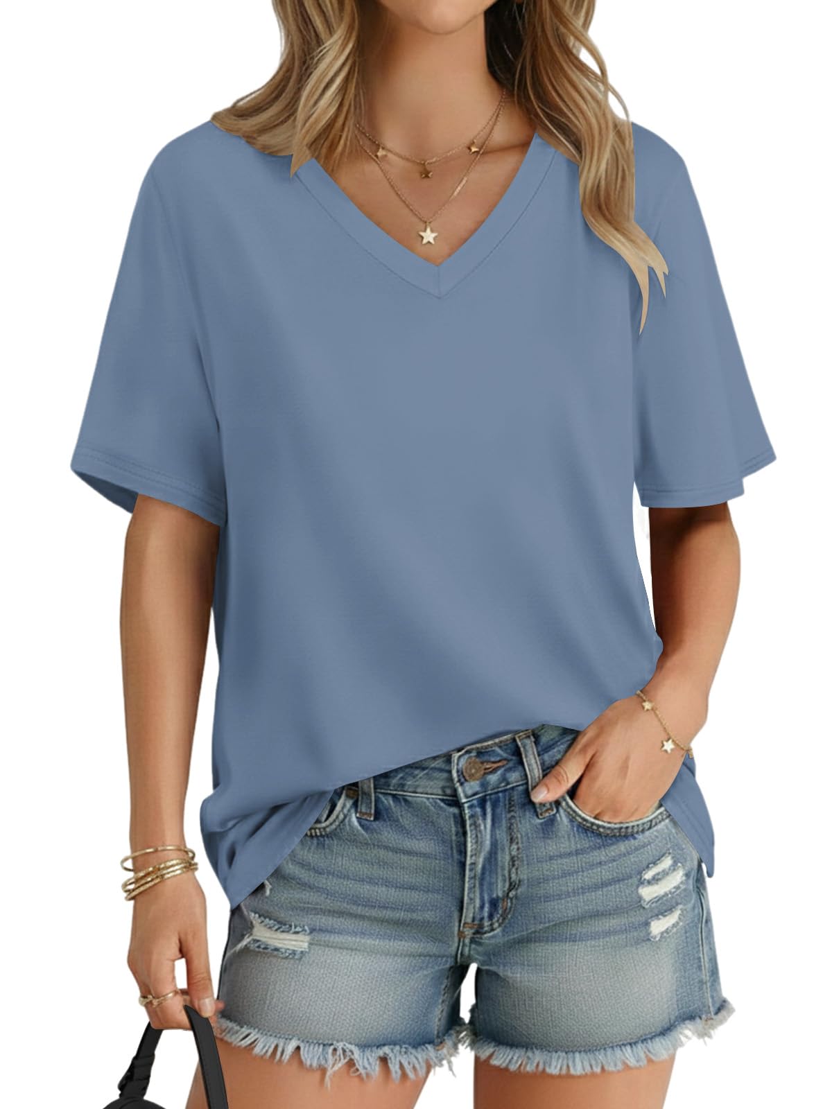 Cuptacc Tshirt Damen V Ausschnitt Oversized Oberteile Einfarbig Basic Tunika Sommer Locker T Shirt Casual Lang Kurzarm T-Shirt Damen