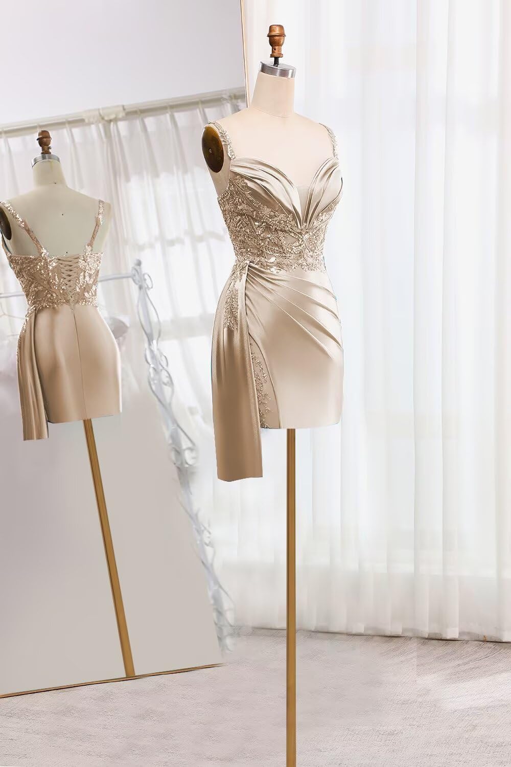 V Neck Satin Homecoming Dresses Mermaid Lace Short Porm Dress Pleated Bodycon Cocktail Dress with Tail - Image 3