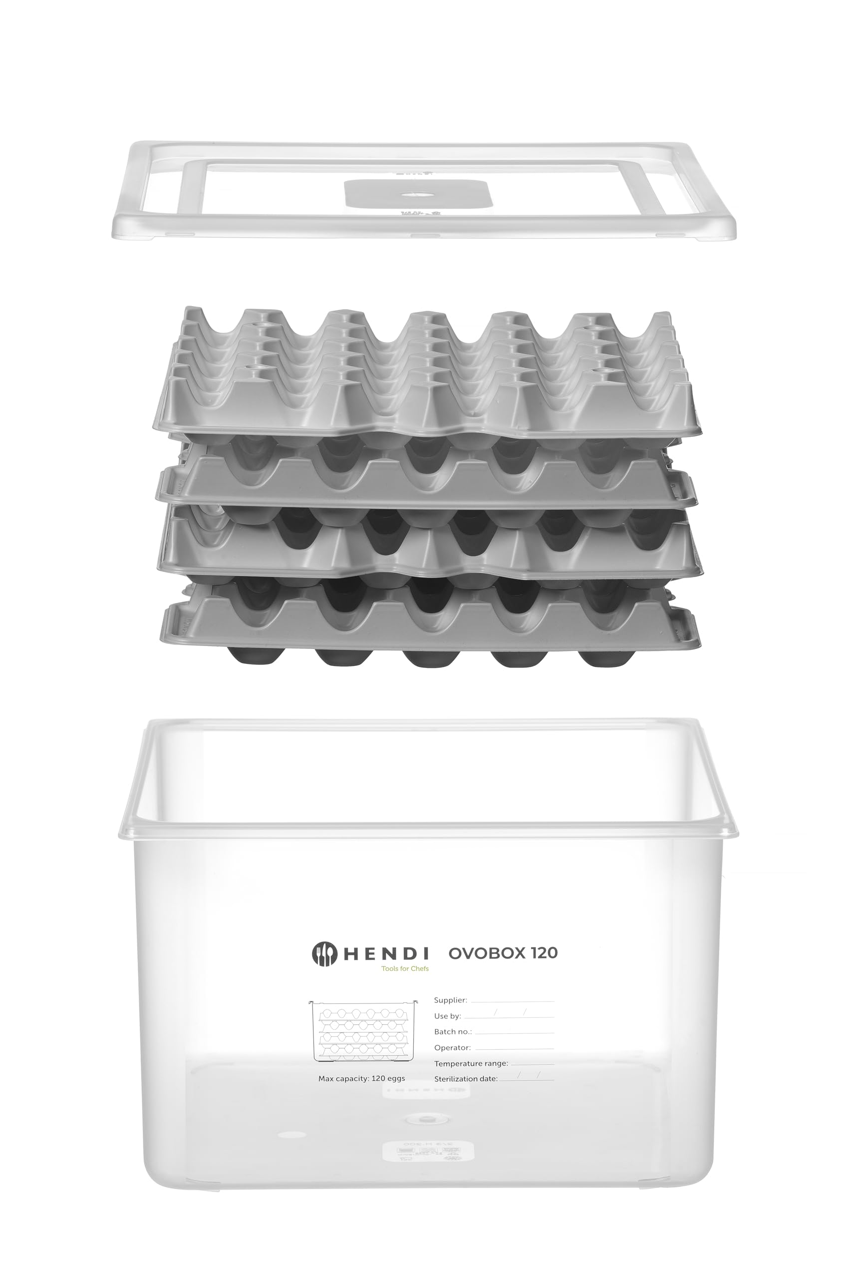 HENDI Contenedor para huevos OVOBOX 120, con tapa y 8 bandejas, GN 2/3, 18L, 355x325x(H) 200mm, PP y PS