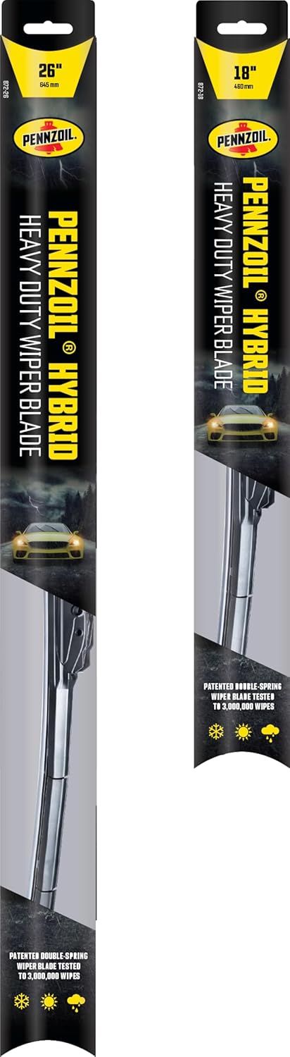 pennzoil 872 hybrid heavy duty wiper blades, 26 inch & 18 inch windshield wipers (pack of 2), automotive replaceable wiper blades reinforced with a double spring frame for the toughest weather 26" and 18" two-piece set