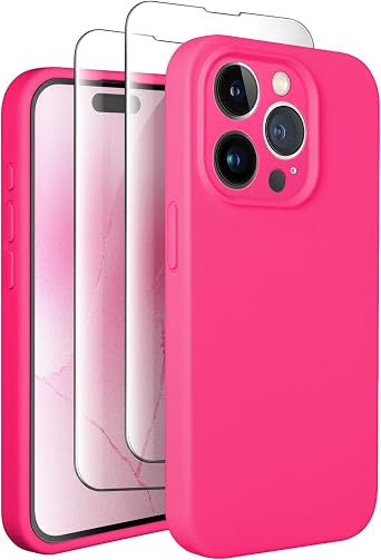 SUW for iPhone 15 Pro Max Case with 2 Screen Protectors[Full Camera Protection],Soft Anti-Scratch Microfiber Lining Inside,Silicone Shockproof Protective Phone Case for iPhone 15 Pro Max 6.7",Hot Pink