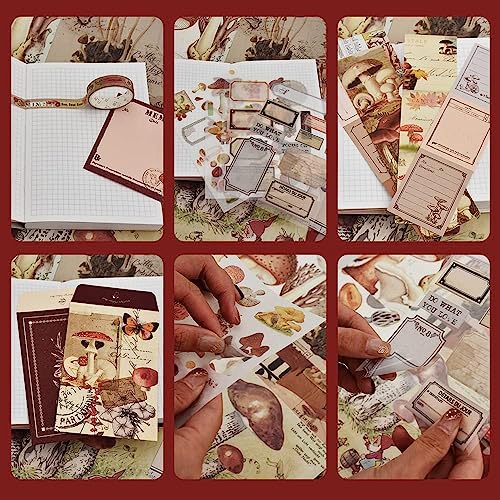 Image of Vintage Aesthetic Scrapbook Kit(346Pcs) Scrapbooking Supplies Kit with Bullet Junk Journal,Stationery,A6 Grid Notebook Journaling Gift for Girl (Red Mushroom), Paper