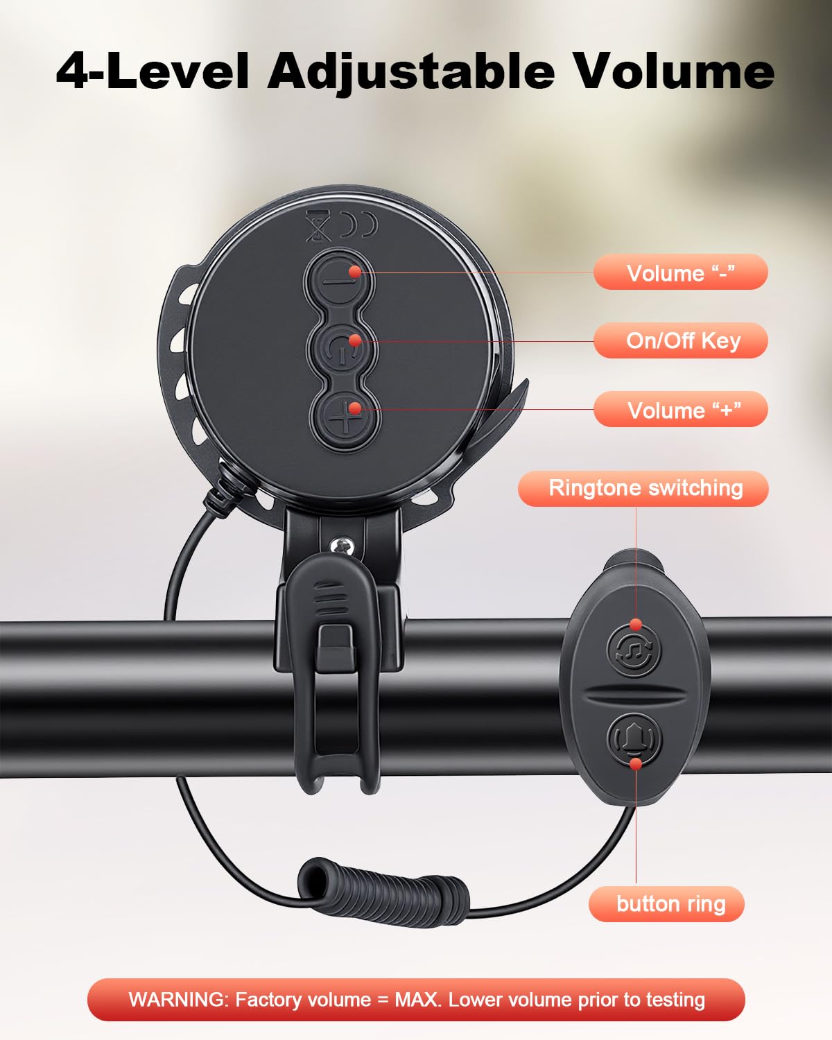 Bocina de bicicleta de 120 dB, 4 modos de sonido y volumen ajustable