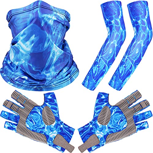 Jiuguva Fishing Gloves Sun Gloves Kayaking Gloves Sun Protection Fingerless Gloves with a Neck Gaiter and a Pair of Arm Sleeves for Men Women Hiking Canoeing Rowing