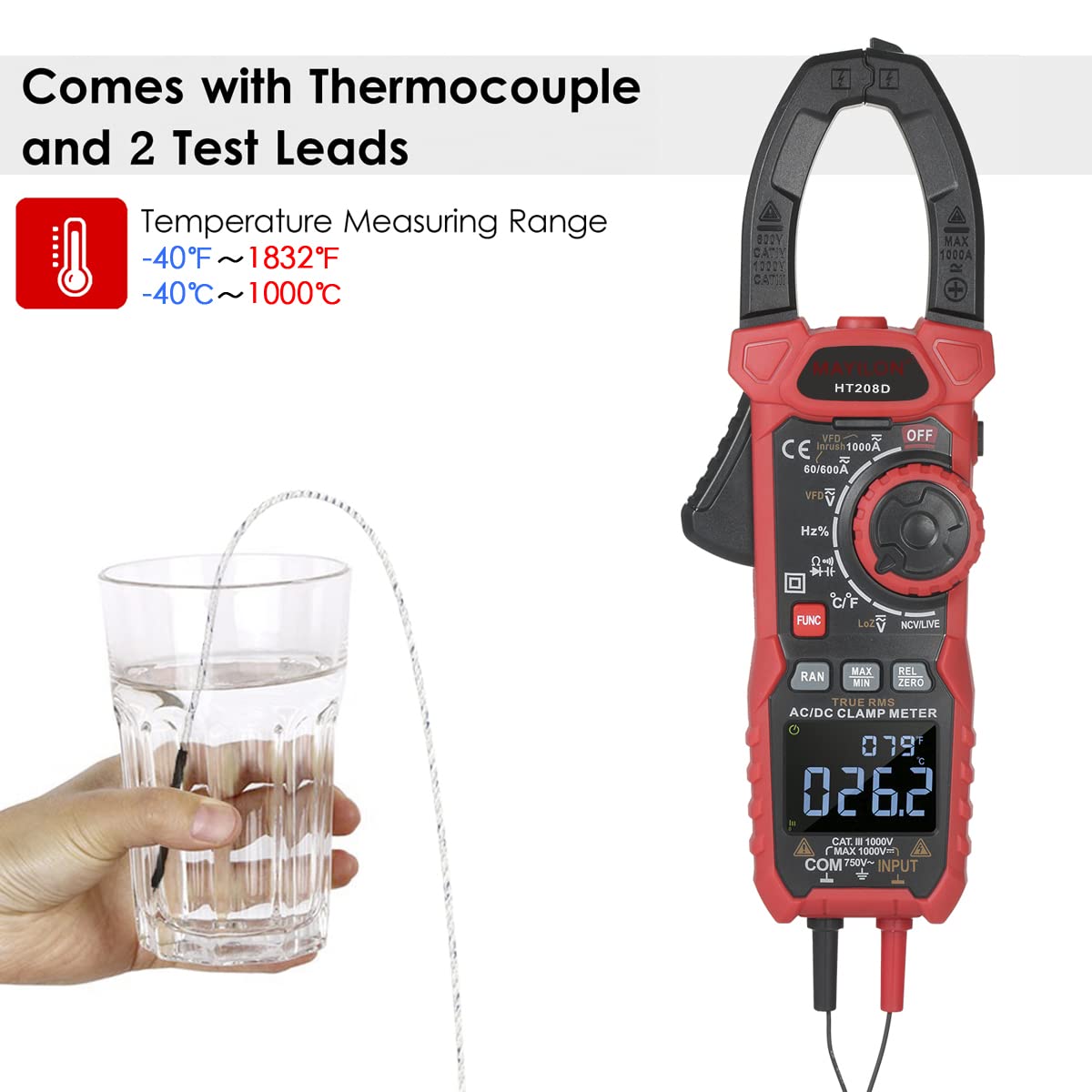 HT208D Einschaltstrom Stromzange, True-RMS Multimeter mit VFD, NCV und RAN Funktion, Misst AC/DC Spannung und Strom, Temperatur, Kapazität, Widerstand, Dioden, Kontinuität, Relativer Wert, LowZ