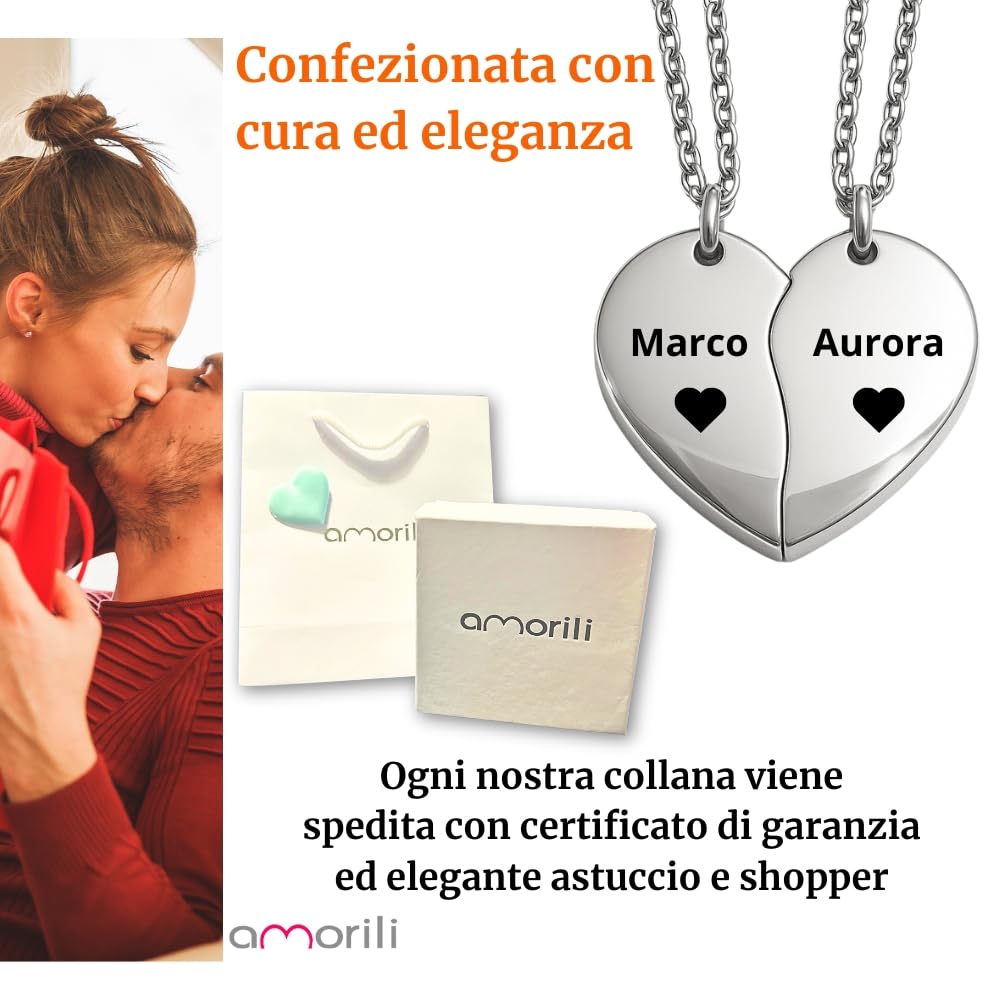 Collana Coppia Cuore che si Spezza Personalizzata in Acciaio Inox | Collane per Fidanzati Amore a Distanza | Cuore Diviso Personalizzabile Nome Data Incisione cll0972c