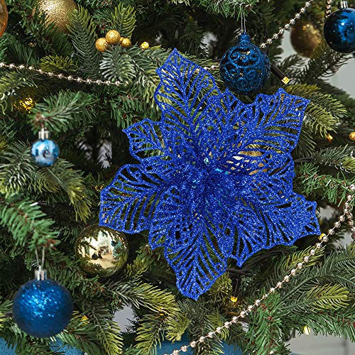 24-Pcs-Christmas-Blue-Glitter-Mesh-Holly-Leaf-Artificial-Poinsettia-Flowers-Stems-Tree-Ornaments-66-W-for-Blue-Christmas-Tree-Wreath-Garland-Gift-Floral-Winter-Wedding-Holiday-Decoration 24 Pcs Christmas Blue Glitter Mesh Holly Leaf Artificial Poinsettia Flowers Stems Tree Ornaments 66 W for Blue Christmas Tree Wreath Garland Gift Floral Winter Wedding Holiday Decoration