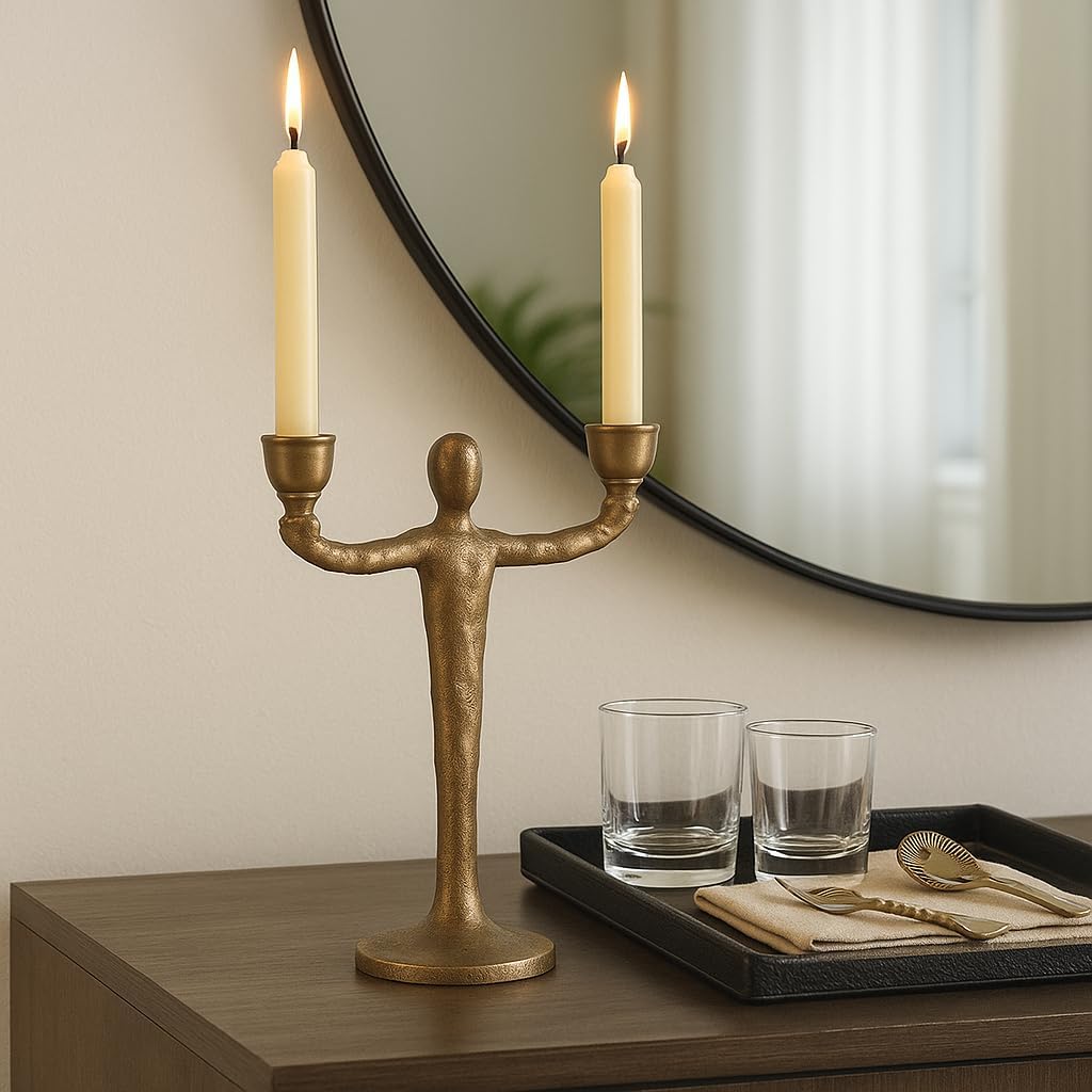 Decorative Metal Taper Candle Holder for House Decor - Artistic Figurine Candlestick Holder for Mantel, Bookcase Accent, or Console Decor - Modern Candle Stand Centerpiece for Tables - 12" Gold