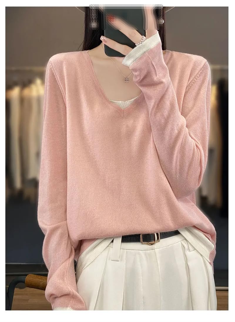 Jersey fino de lana con cuello en V para primavera y otoño para mujer, casual, ajuste holgado, falso, dos piezas