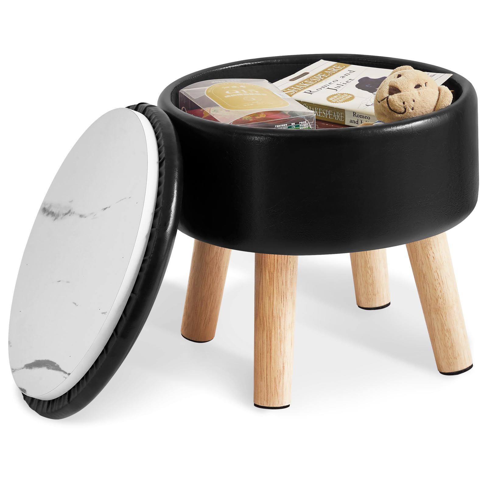 IBUYKE 13 Inch Foot Stool Ottoman with Storage, Round Small Foot Rest with Padded Seat and Wood Legs, PU Faux Leather Mini Footstool for Living Room