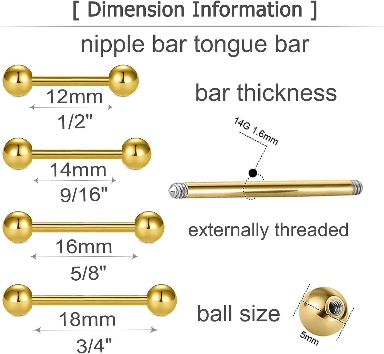 MODRSA 14g 16g Nipple Rings Tongue Rings 14 Gauge Surgical Steel Nipple Bar Barbell 14mm 16mm 18mm Silver Rose Gold Black Tongue Piercing Jewelry for Women Men