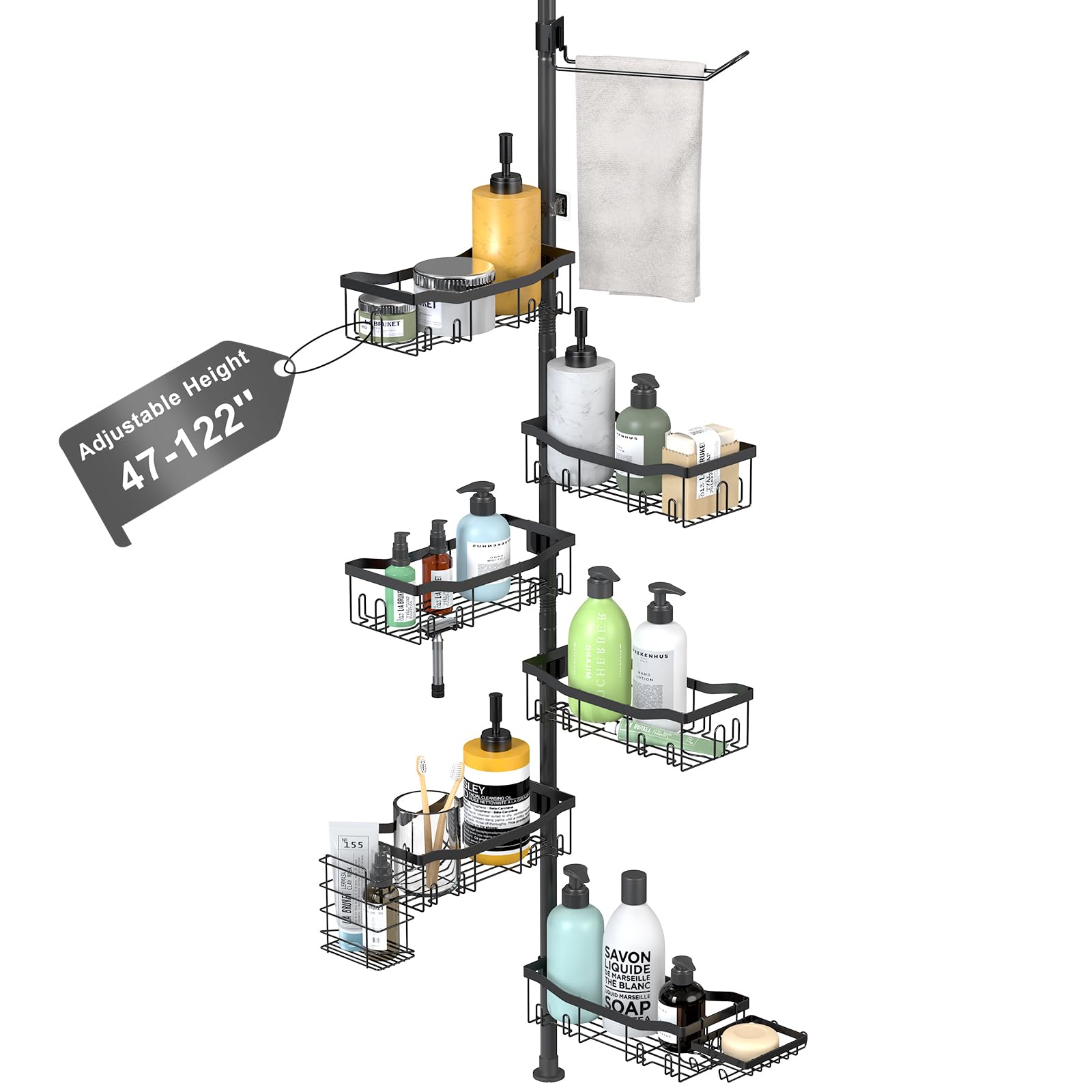 Photo 1 of Shower Caddy Corner, 6 Tier Tension Pole Rod Bathroom Organizer Shelves, Adjustable Bathtub Shampoo Stand Rack with Towel Rack 2 Holders for Inside Shower Storage, Floor to Ceiling 47-122 Inch, Black