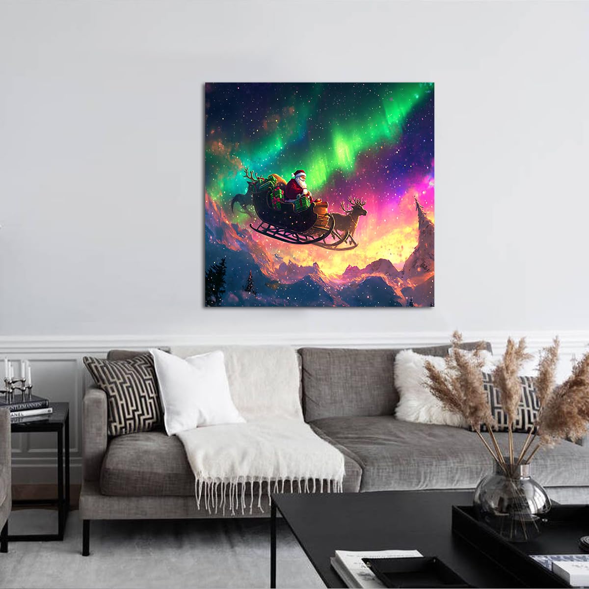 TOANGWALL Świąteczne sanki Aurora płótno sztuka ścienna Świętego Mikołaja zdjęcia grafika wydruki zimowe wakacje plakaty ścienne malarstwo toaletowe wystrój 60 x 60 cm nieoprawione