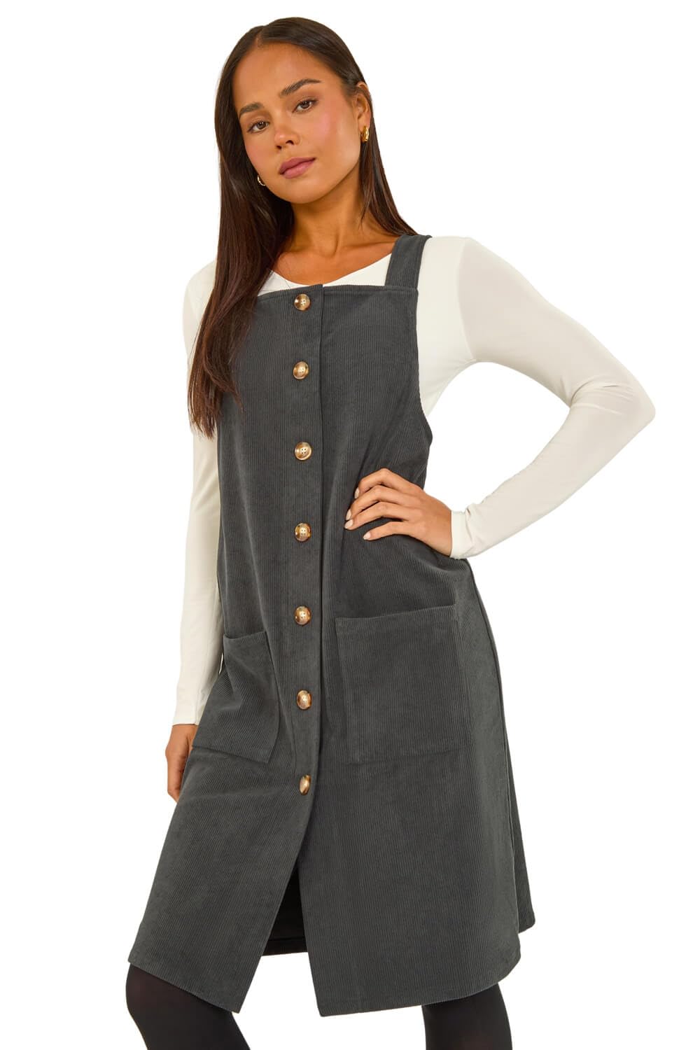 Roman Women's Petite Corduroy Pinafore Dress in Grey | Size: 12
