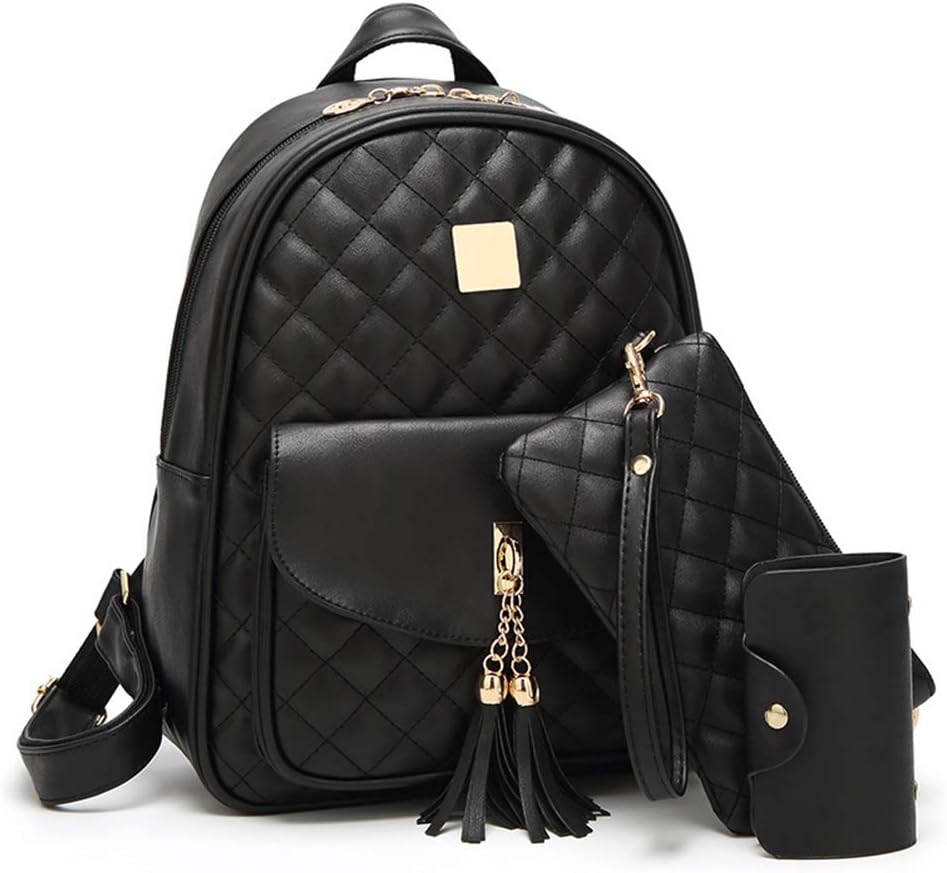IHAYNER3-Pieces Women Fashion Backpacks Cute Small Teen Girls School Bag PU Leather Waterproof Travel Backpack Purse- Black