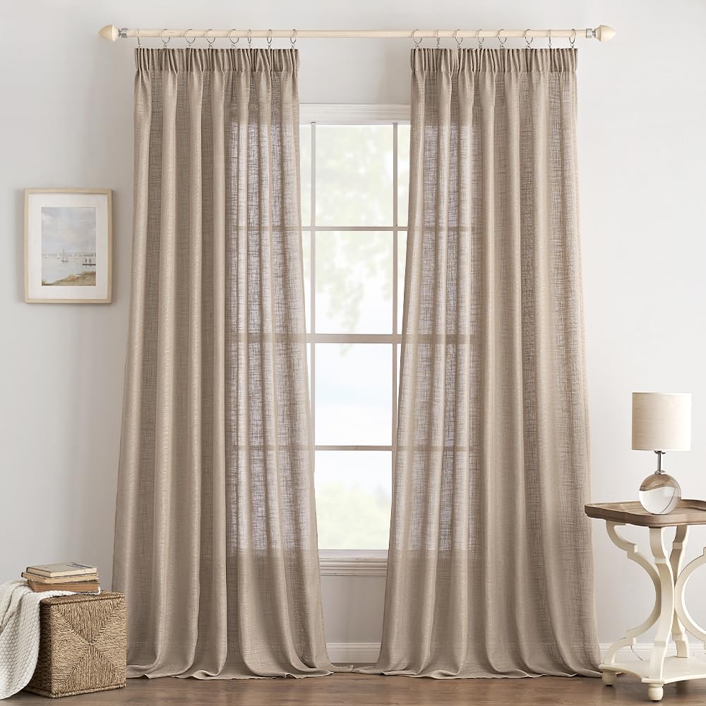 EMEMA Gardinen Vorhänge Leinenvorhang mit Kräuselband Voile Vorhang Leinenoptik Modern Halbtransparent für Wohnzimmer Dekoschal Küchengardinen Schlaufenschal Schlafzimmer Dunkelbraun 140 x 260 cm