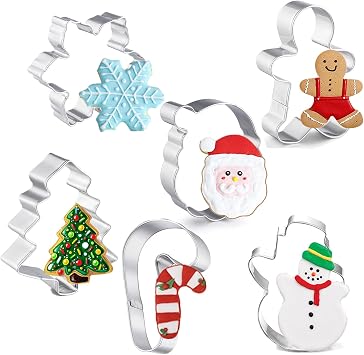 Christmas Cookie Cutters Set, 6 Pcs Holiday Cookie Cutters Biscuit Fondant Mold for Baking, Gingerbread Men,Christmas Tree,Snowflake, Candy Cane,Santa Face and Snow Man