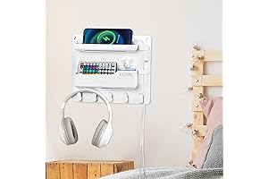Bedside Organizer White: Stick on Wall Shelf for Phone, Remote, Glasses