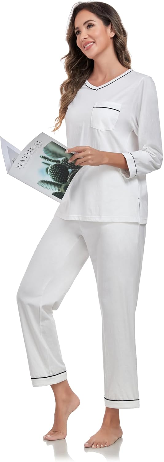 COLORFULLEAF 100% Cotton Pajama Set for Women Long Sleeve Sleepwear with Pants Soft Comfy Two-Piece Pjs with Pockets - Image 3
