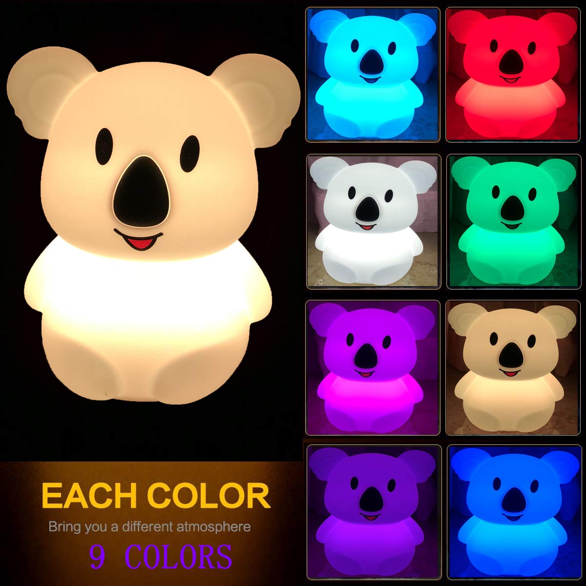 Koala Veilleuse enfants - lampe de chevet en silicone/lumières baby/lampe de chambre de bébé/lampe de lit pour enfant - luminosité et couleur réglables/réglage de l'heure - moyen