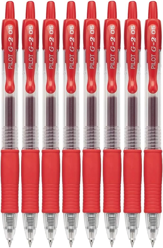 G2 Retractable Premium Gel Ink Roller Ball Pens Extra Fine Point (.5mm) Red Ink 8 pack; Refillable & Premium Comfort Grip Bundle with Plastic Reusable Pouch