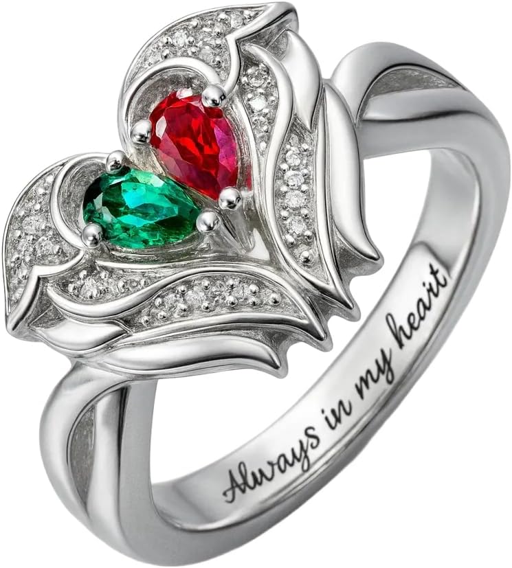 NICEDREAM Angel Wing Ring for Women Wings Ring Sterling Silver Promise Ring Personalized Engraved Birthstone Rings Angel Heart Ring Mothers Day Ring