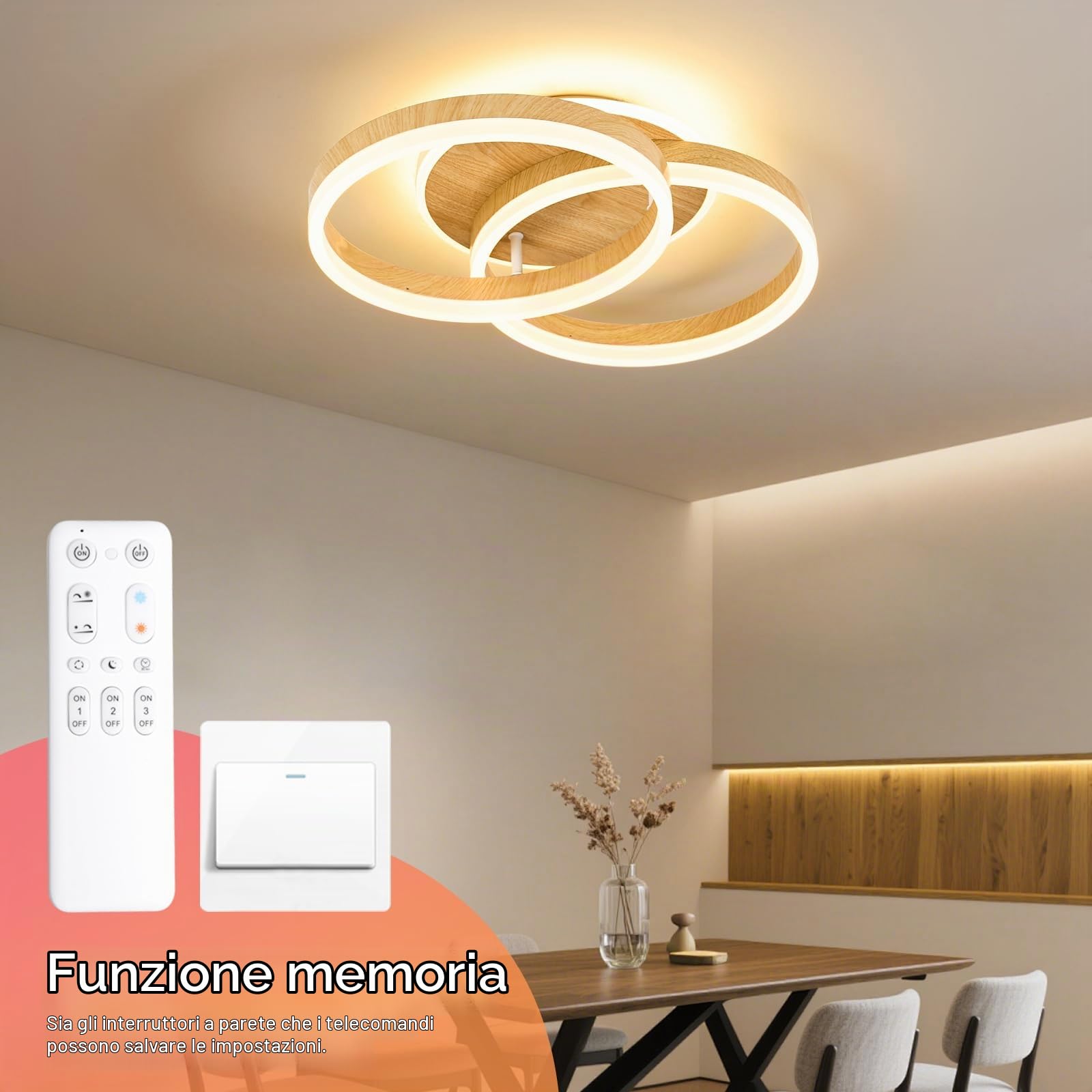 Plafoniera LED Soggiorno 2 Ring φ50 cm 36W Moderna Dimmerabile con Telecomando, in Metallo+Acrilico, per Soggiorno, Camera, Sala da Pranzo -Imitazione Legno