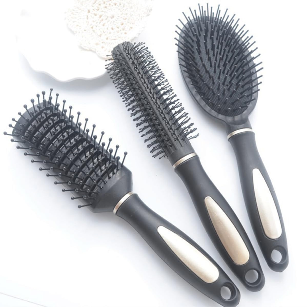 Pettini Massaggianti Antistatici con Manico Ergonomico Set 3 in Plastica Colore Nero per Capelli Ricci, Adatti per Salone e Casa
