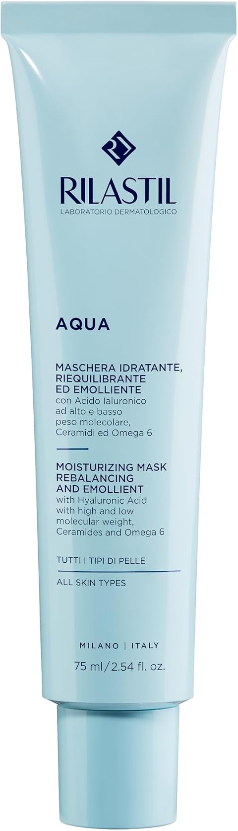 Rilastil Aqua Maschera Idratante Viso, Emulsione Fresca e Cremosa, Riequilibrante ed Emolliente con Acido Ialuronico per Tutti i Tipi di Pelle, Confezione da 75ml