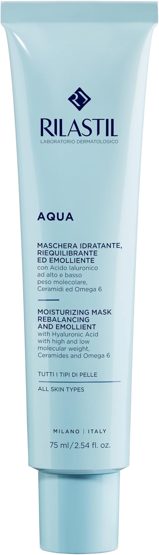 Rilastil Aqua Maschera Idratante Viso, Emulsione Fresca e Cremosa, Riequilibrante ed Emolliente con Acido Ialuronico per Tutti i Tipi di Pelle, Confezione da 75ml