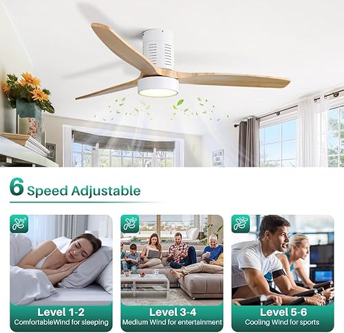 Miniatura 4 de Sofucor Ventiladores de techo de perfil bajo de 52 pulgadas con luces y control remoto, moderno ventilador de techo de 3 madera maciza de montaje