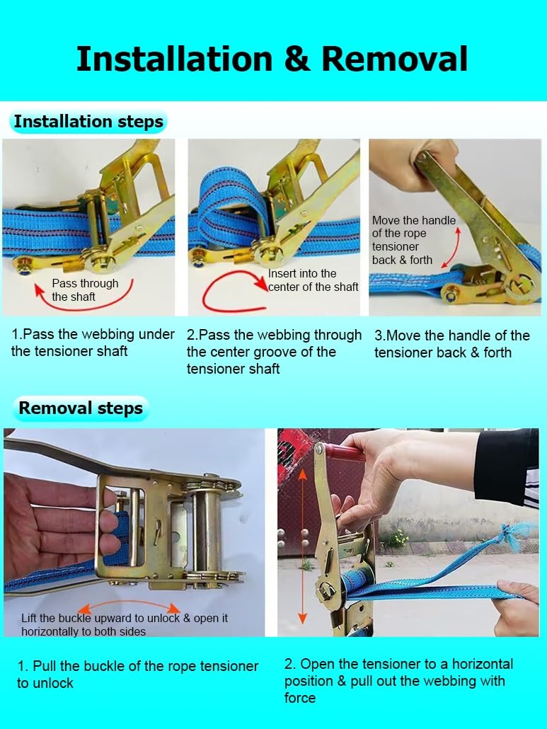Correas de trinquete de Carga de Grado Industrial, Resistentes, de 1 a 16 m de Largo, con trinquete y Gancho Doble en J for Camiones, remolques, Kayaks(W 3.8cm/1.5in,6.0m/19.7Ft)