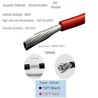 10AWG Silicone Wire 30ft, Ultra Flexible 10 Gauge Stranded Wire, Tinned Copper - Battery, Automotive, Solar, Inverter (Black 15ft + Red15ft)