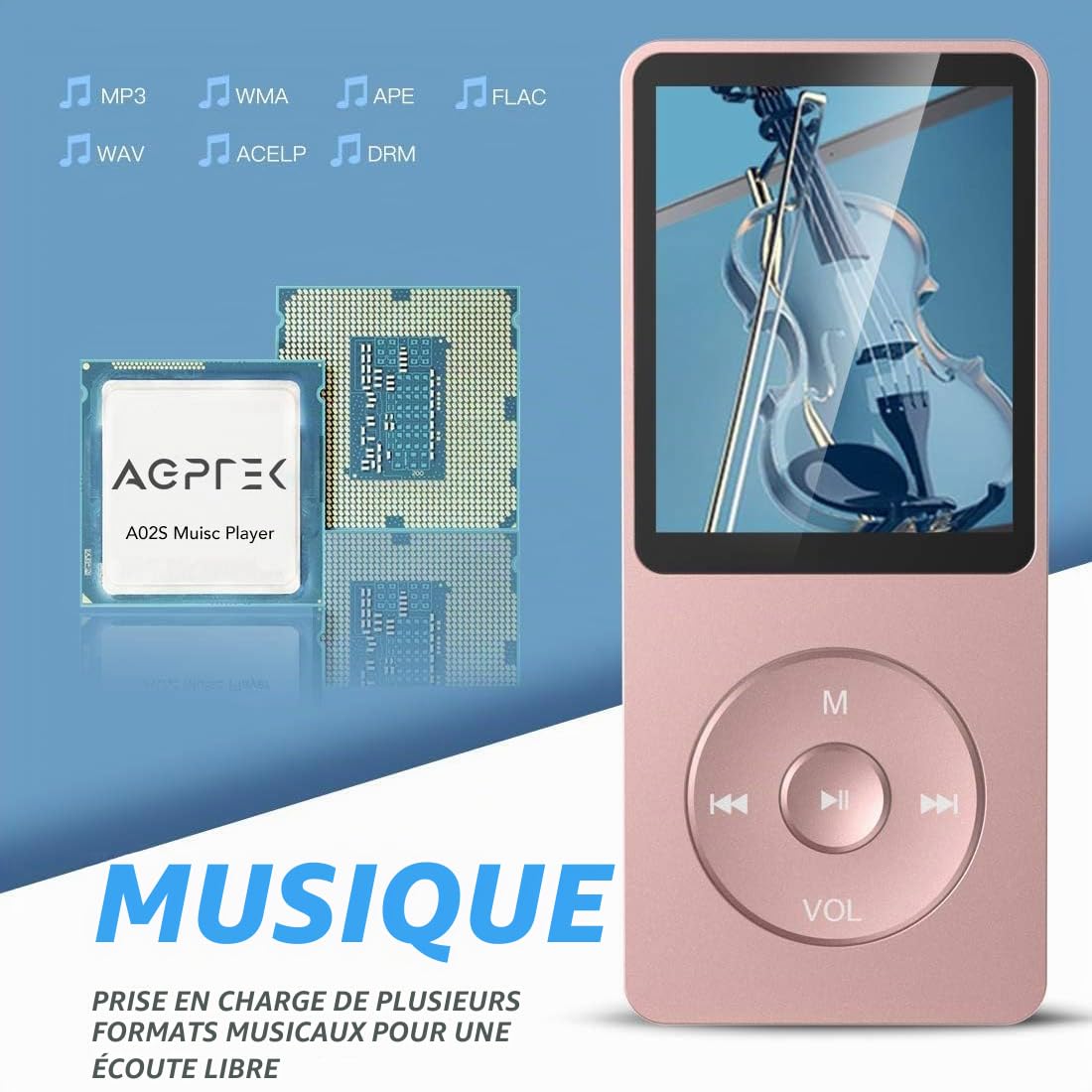 AGPTEK Mp3 Classique 16Go Ultra-Longue Autonomie 70 Heures Lecteur MP3 Sport Ecran 1.8 Pouces Enfant Adulte Or Rose