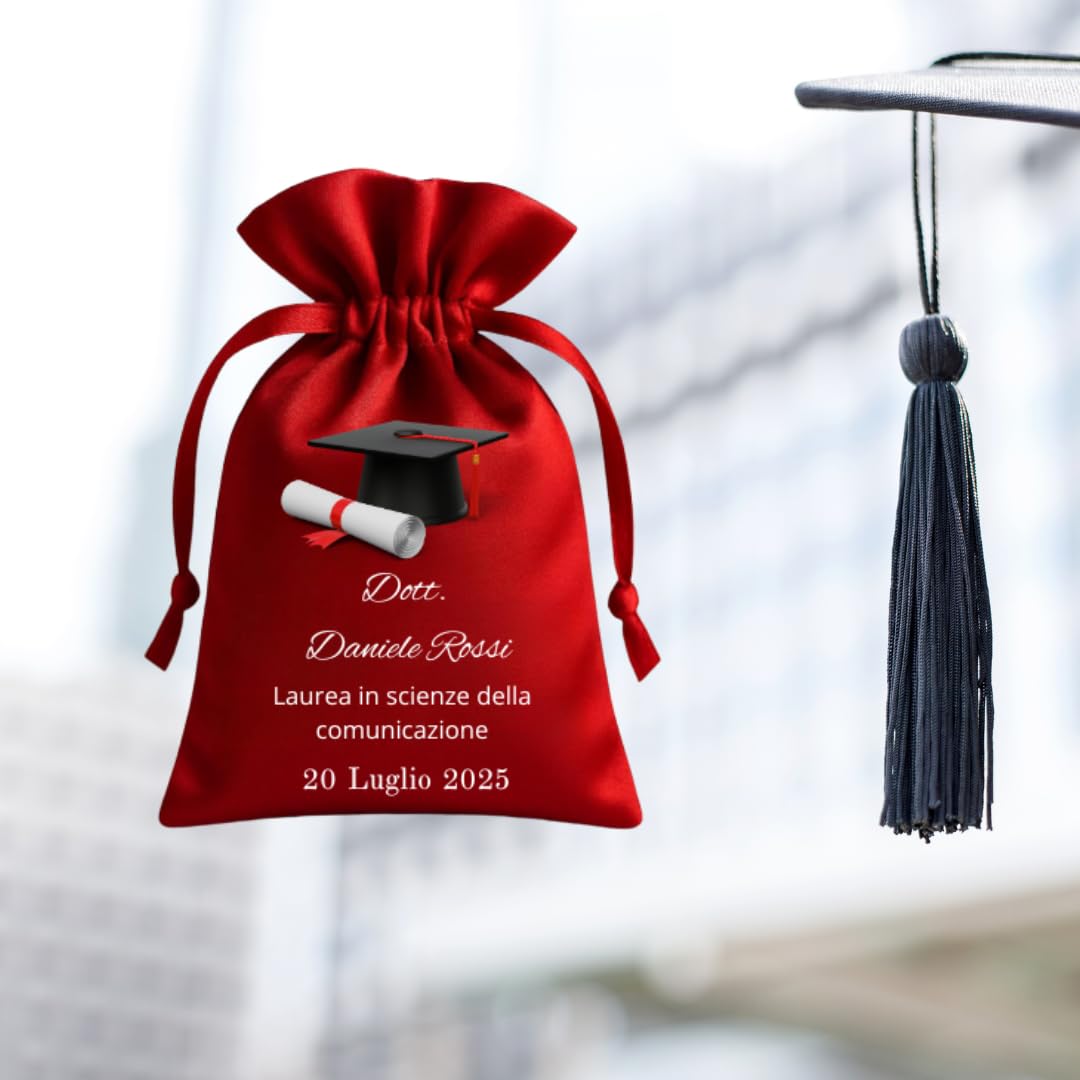 Sacchetti Laurea Personalizzati, in Raso, 12 Pezzi, Rosso, con Stampa Tocco e Pergamena, Bomboniere per Festa di Laurea