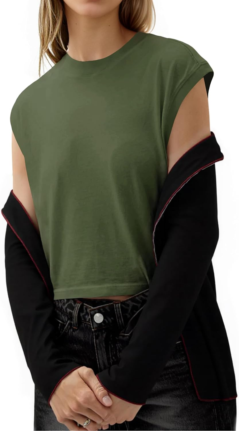 Tankaneo Womens Cropped Cap Sleeve Tank Tops Summer Casual Loose Fit Basic Tee Shirts - Image 5