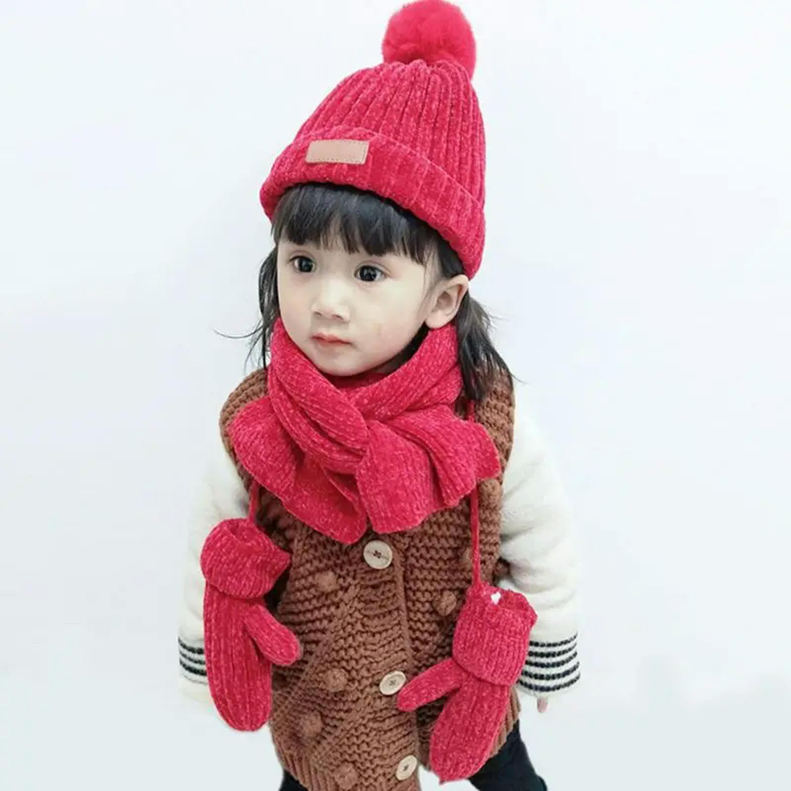 Zonto wintermütze Kinder 3 In 1 Kinder Winter Gestrickte Warme Pom Pom Beanie Hut Schal Handschuhe Set