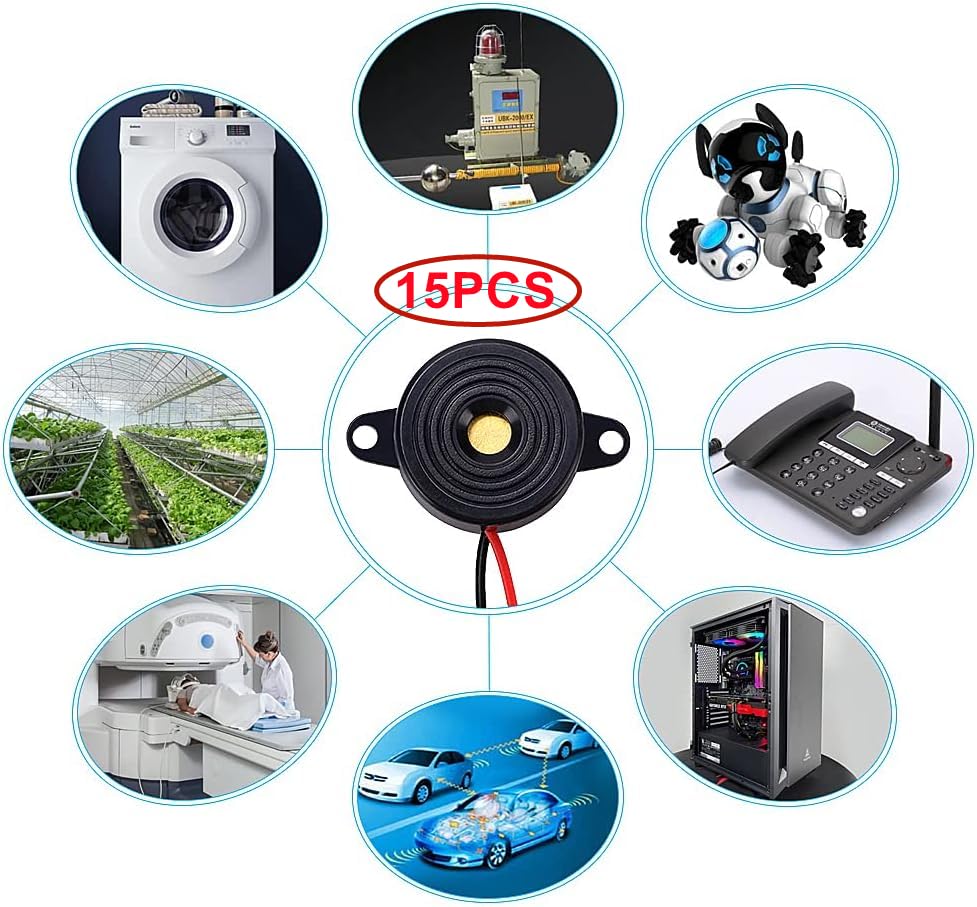 15 Pezzi Cicalini Elettronici DC 3-24V Con Connettori Batteria - Allarme 85-95dB Per Progetti Elettronici