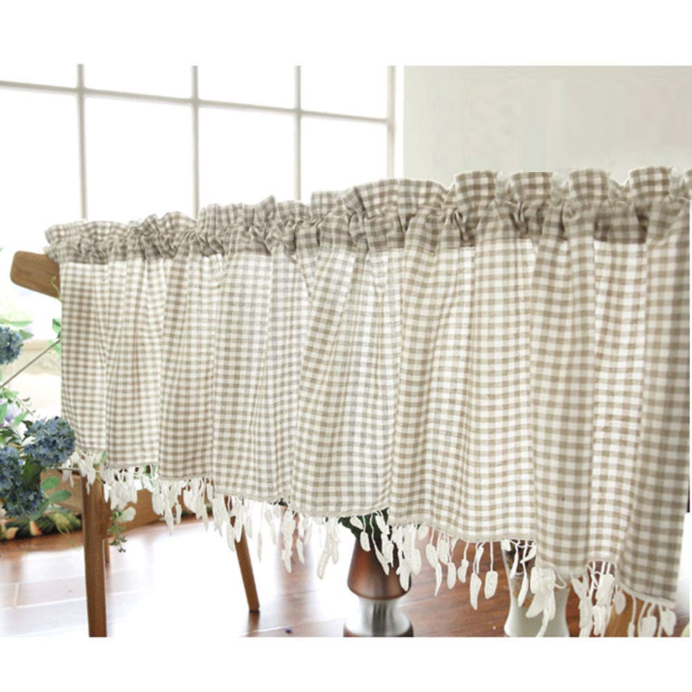 Cortina corta de algodón y lino rústica con diseño de celosía para cocina