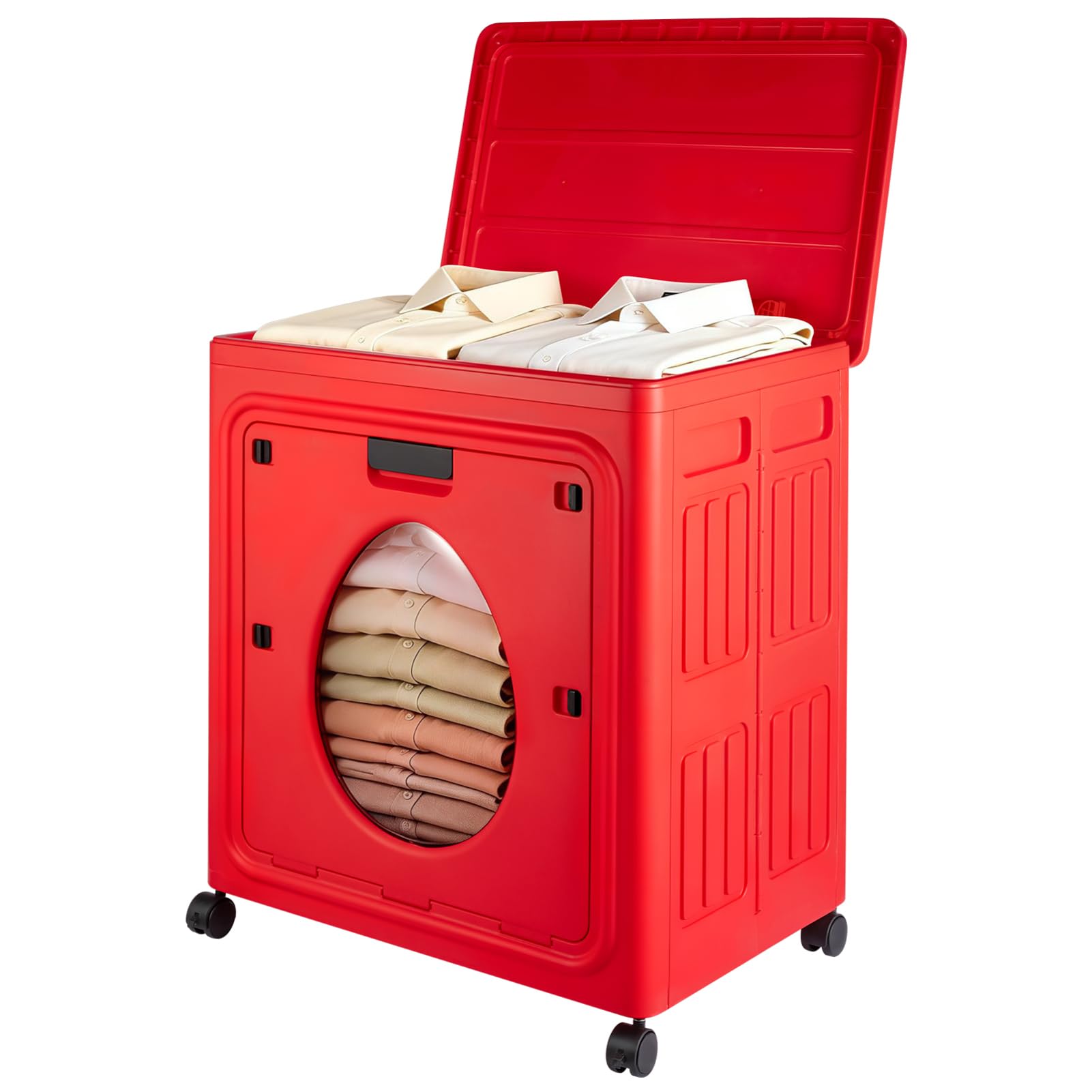 Minifactory Large Capacity Laundry Hamper with Lid and Wheels Collapsible Clothes Basket with Transparent Window Rolling Storage Organizer for Bedroom Apartment Closet (Red)