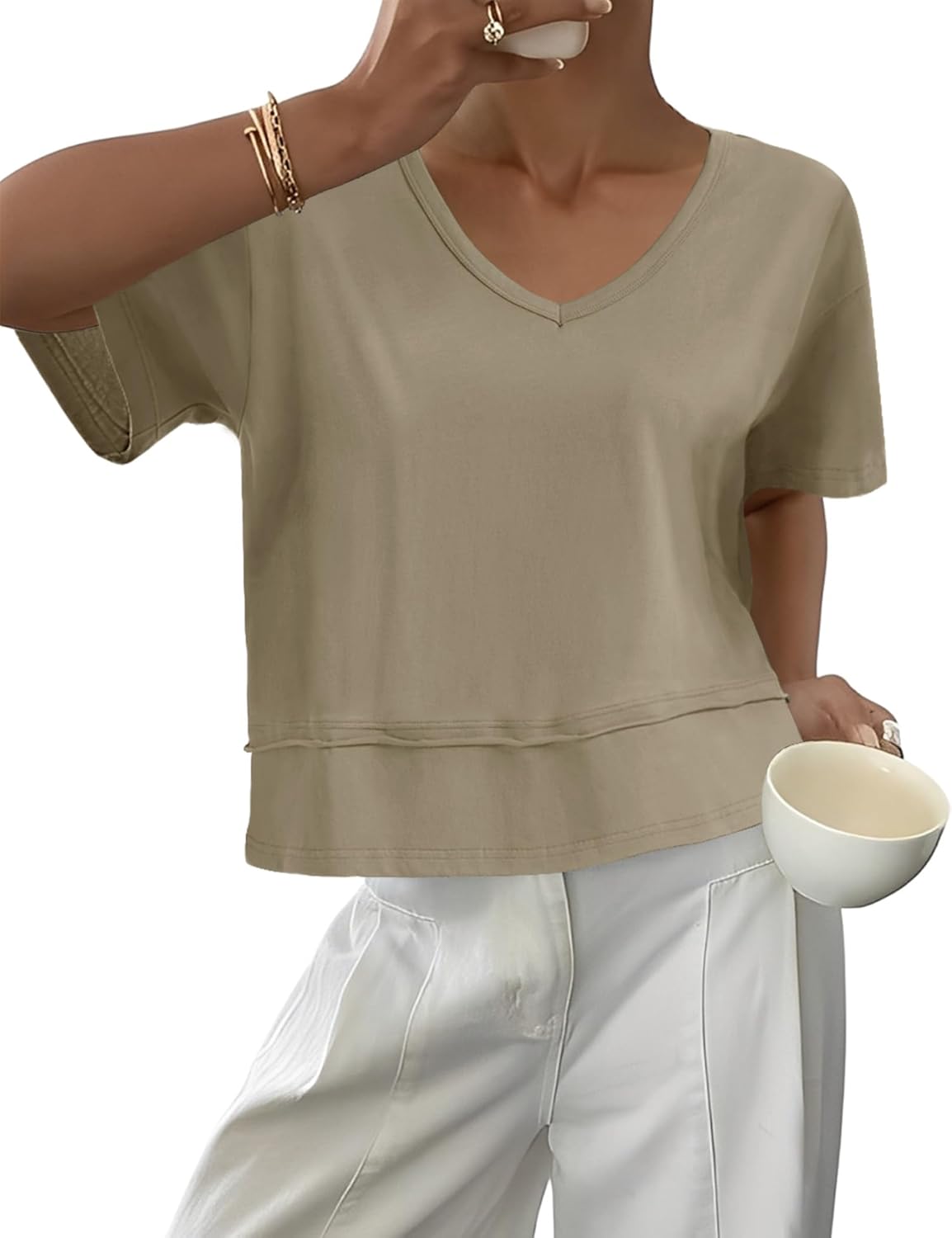 LOMON Womens V Neck Cotton T Shirts Summer Casual Cute Short Sleeve Flowy Fashion Tops Loose Fit Basic Tees - Image 2