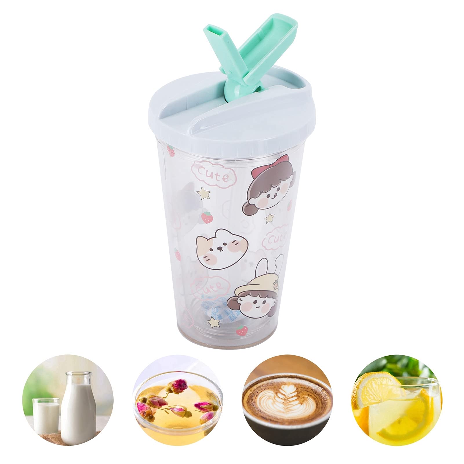 Water Cup Sippy , Cute Cartoon Girl Pattern Portable Double Bottle Wall Plastic Flip Cup with Lid and Straw Iced Coffee Travel Mug Cup(Girl Green, 450ml)