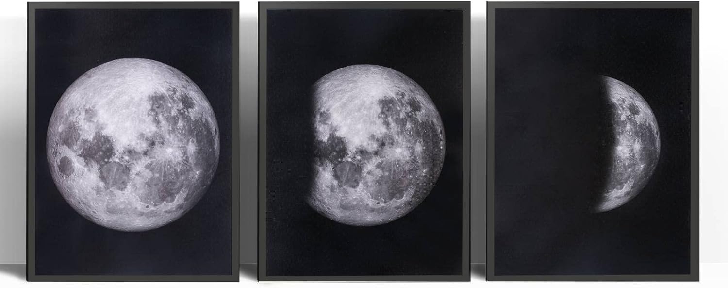 Moon Phase Wall Art, Room Dcor Canvas, Framed 3 Panels, Suitable for Bedroom, Living Room, Office, 12 x 16 Inches,Black and White