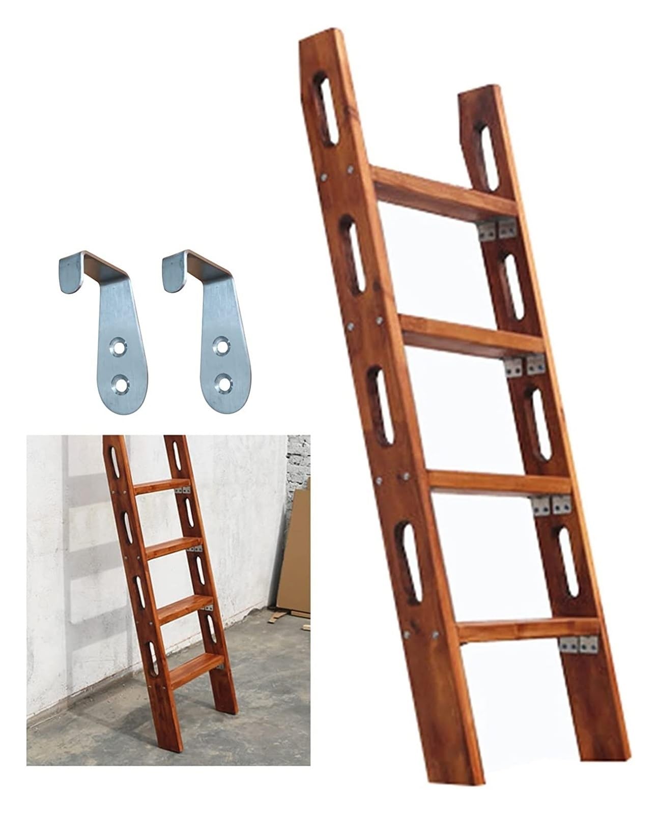 Escalera para litera resistente de pino con ganchos de fijacion y manija de apoyo para el hogar