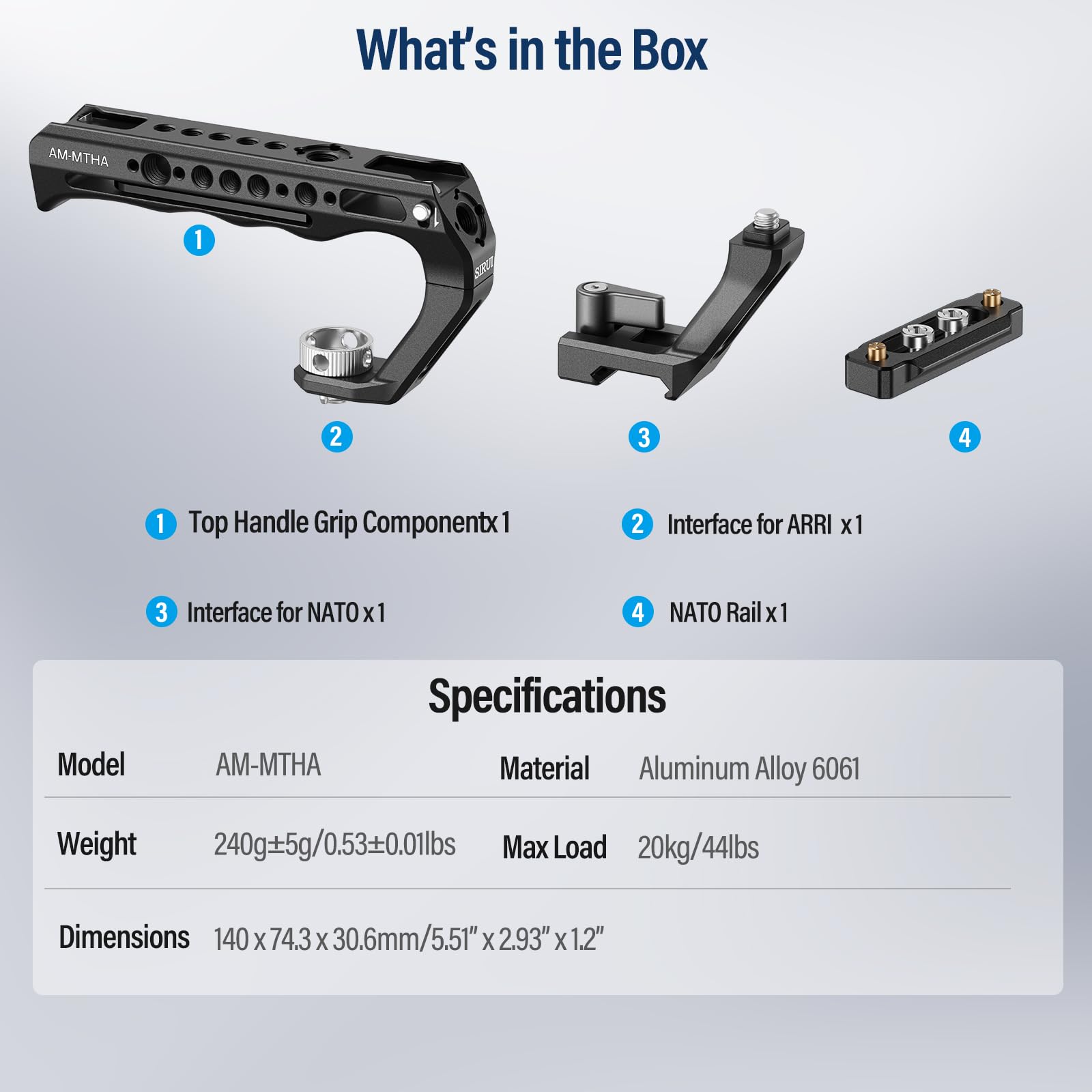 SIRUI 2 in 1 Top Handle für ARRI oder für NATO-Mount, Vollaluminium-Kamerakäfiggriff mit Cold Shoe mit Sicherheitsstift, mehrere Gewindebohrungen, AM-MTHA