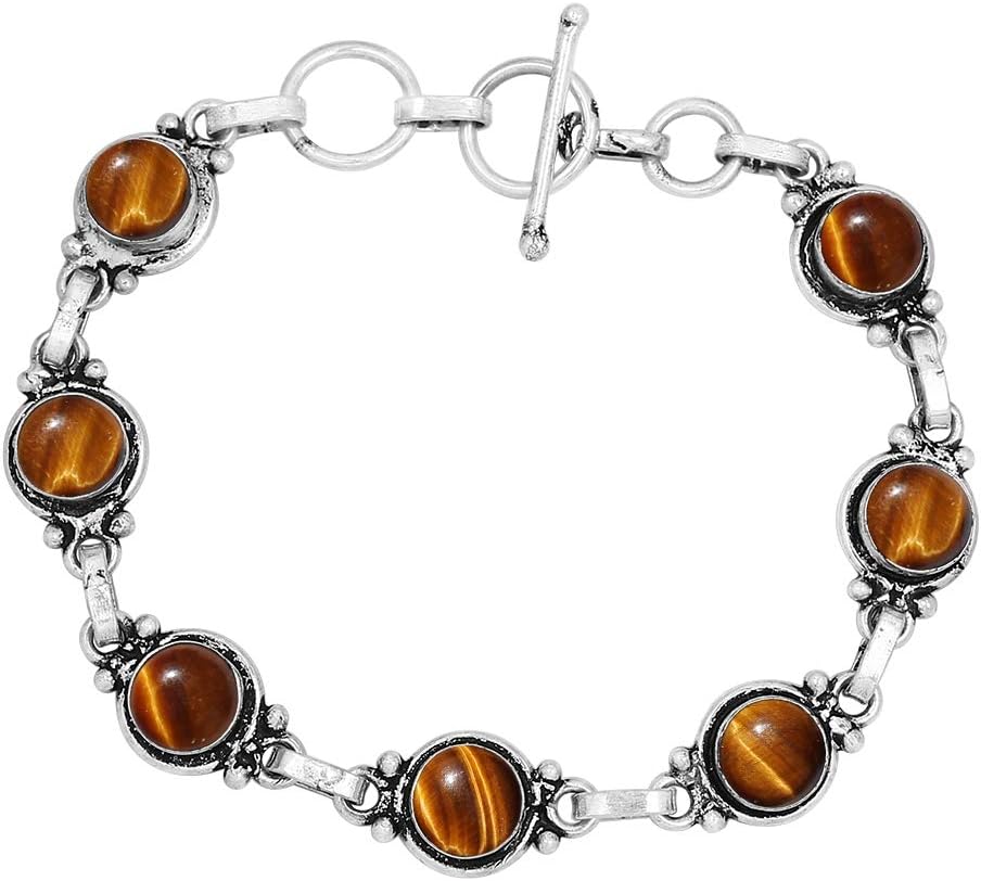 Round Shape Natural & Synthetic Gemstones Silver Plated Bracelets for Women - Vintage Bohemian Style Handmade Birthstone Adjustable Link Bracelet Jewelry Gifts for Wedding Anniversary Mother's Day