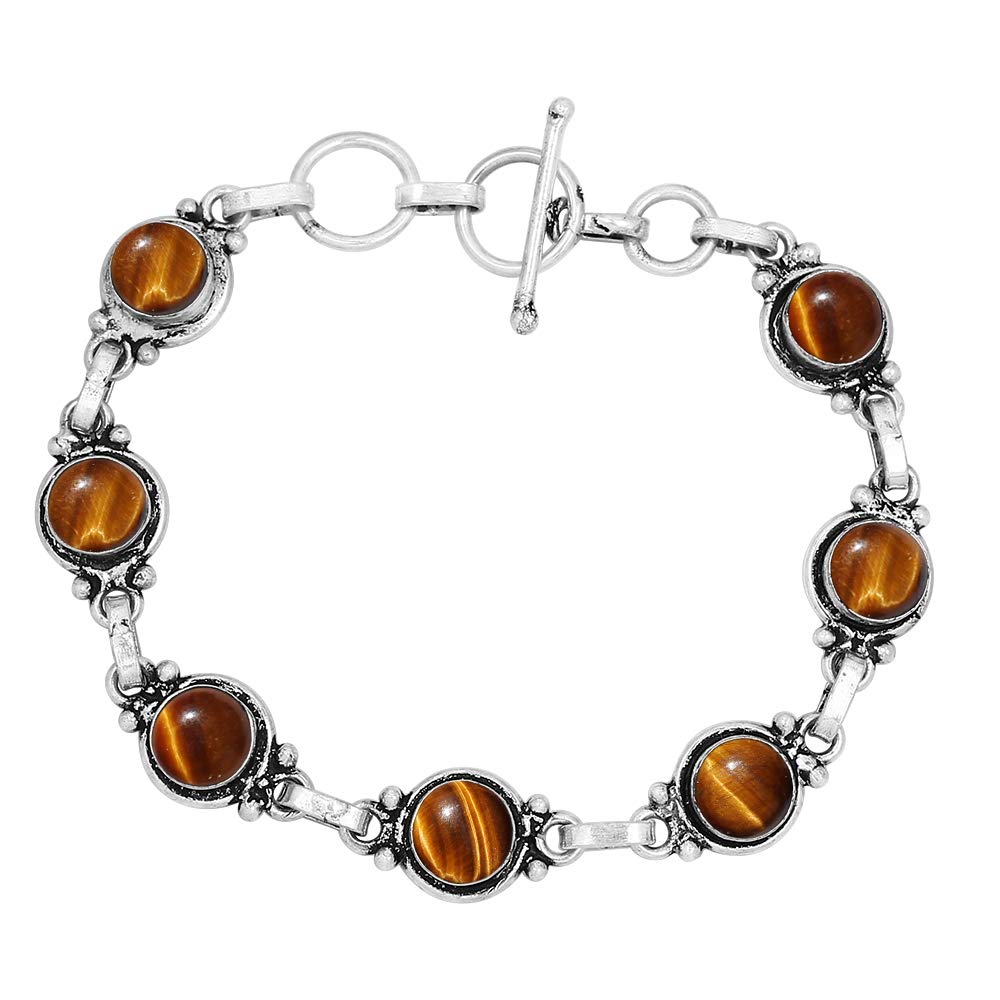 Sterling Silver JewelryRound Shape Natural & Synthetic Gemstones Silver Plated Bracelets for Women - Vintage Bohemian Style Handmade Birthstone Adjustable Link Bracelet Jewelry Gifts for Wedding Anniversary Mother's Day