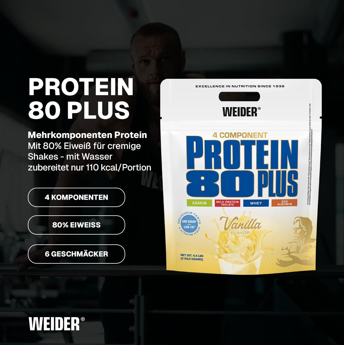Weider - Protein 80 Plus - 4-Komponenten Protein Pulver - Hoher Proteingehalt mit 80% Eiweiß - Cremige Shakes mit Calcium & Vitamin B6 - 2kg - Vanille