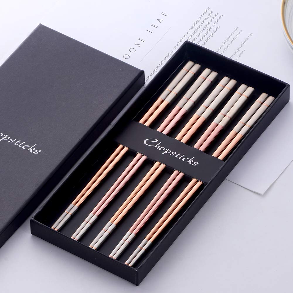 Bisda Reusable Chopsticks Set, Stainless Steel 18/8 Metal Chop Sticks Dinner Kitchen Flatware Utensils Sets of 5 with Gift Box