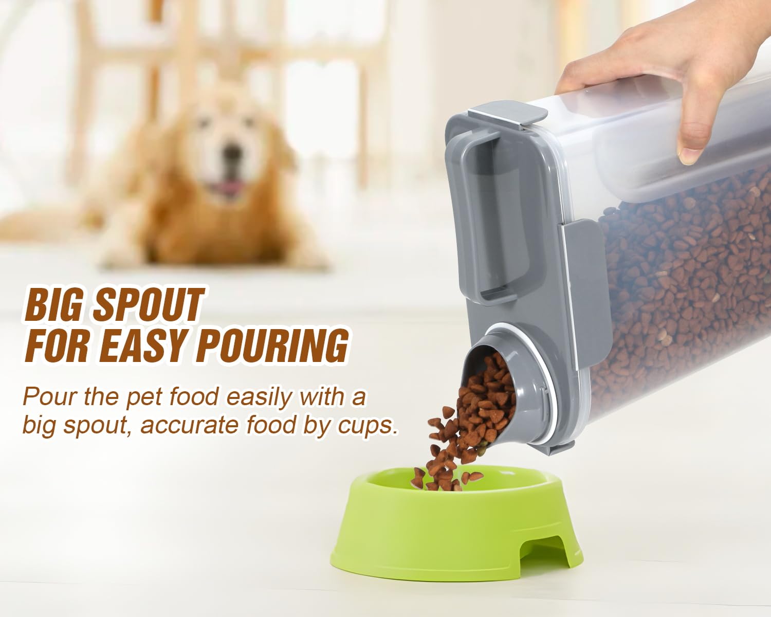 TBMax Contenedor de almacenamiento de alimentos para gatos de 5 litros con tapa, recipiente portátil para alimentos para mascotas con boquilla grande y taza medidora, recipiente hermético para